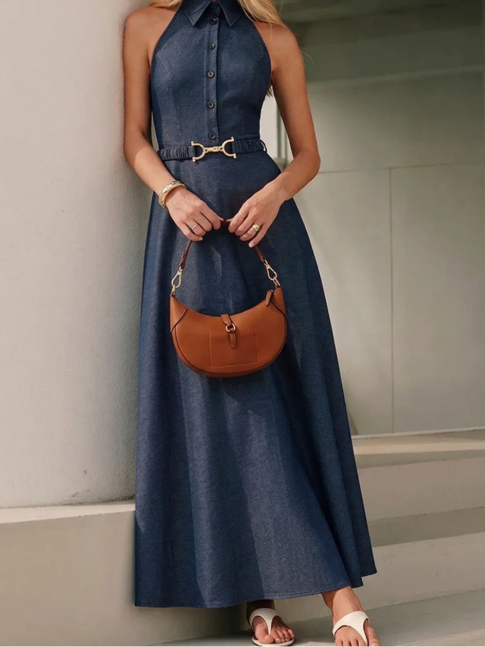 Commense Dark Blue Halter Belted Collared Denim Maxi Dress Size M